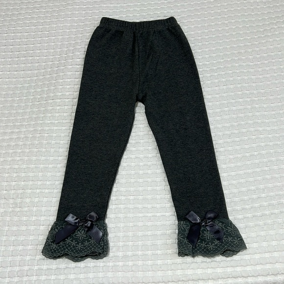 Little Girls Gray Bow Floral Lace Trim Leggings/Pants - Picture 1 of 8